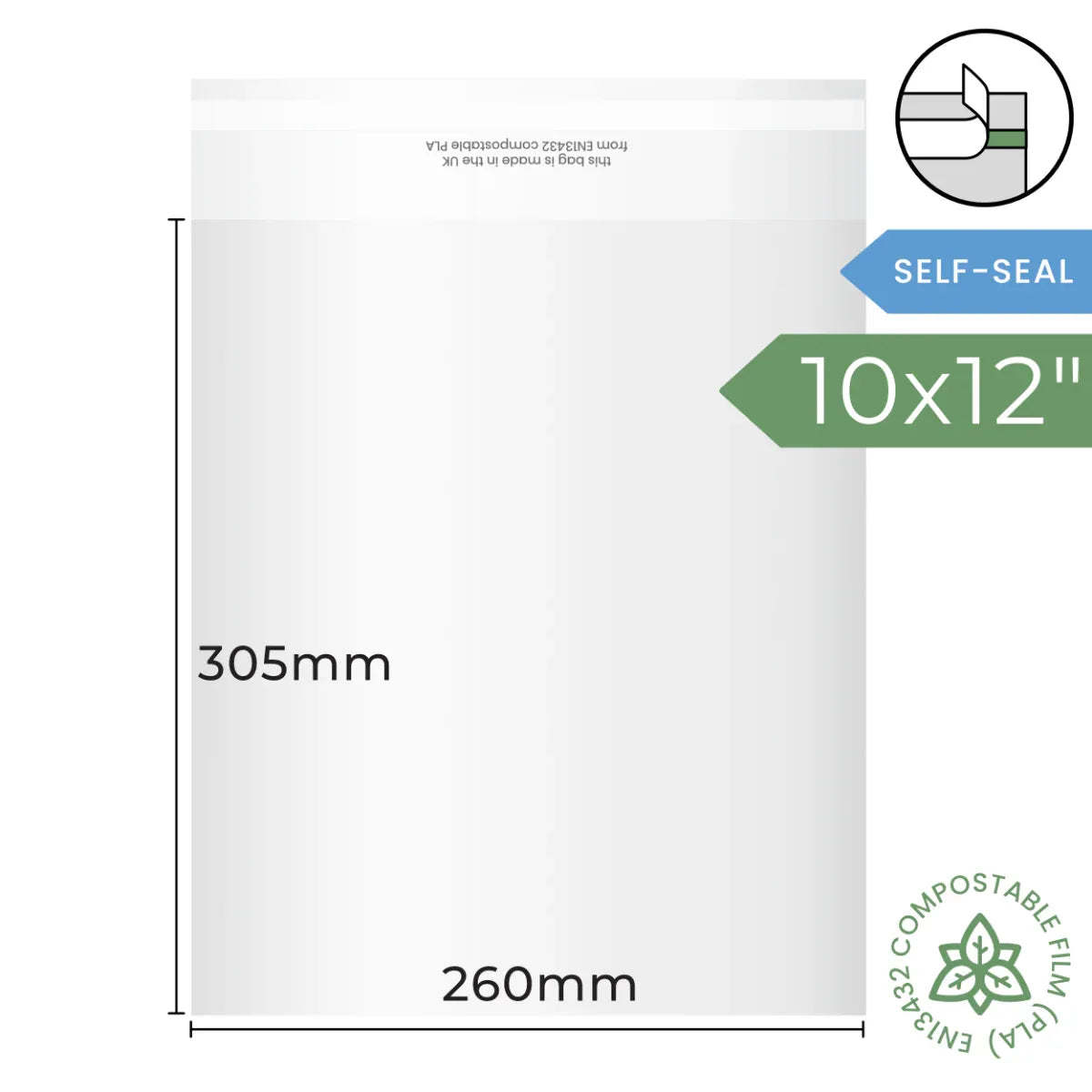 10x12 inch (260x305mm) Self Seal Compostable Bag by eco-craft - made in the UK