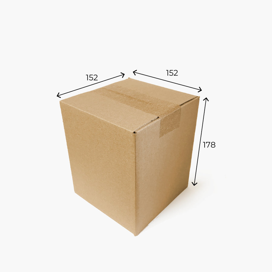 Cardboard box with dimensions indicated on a white background