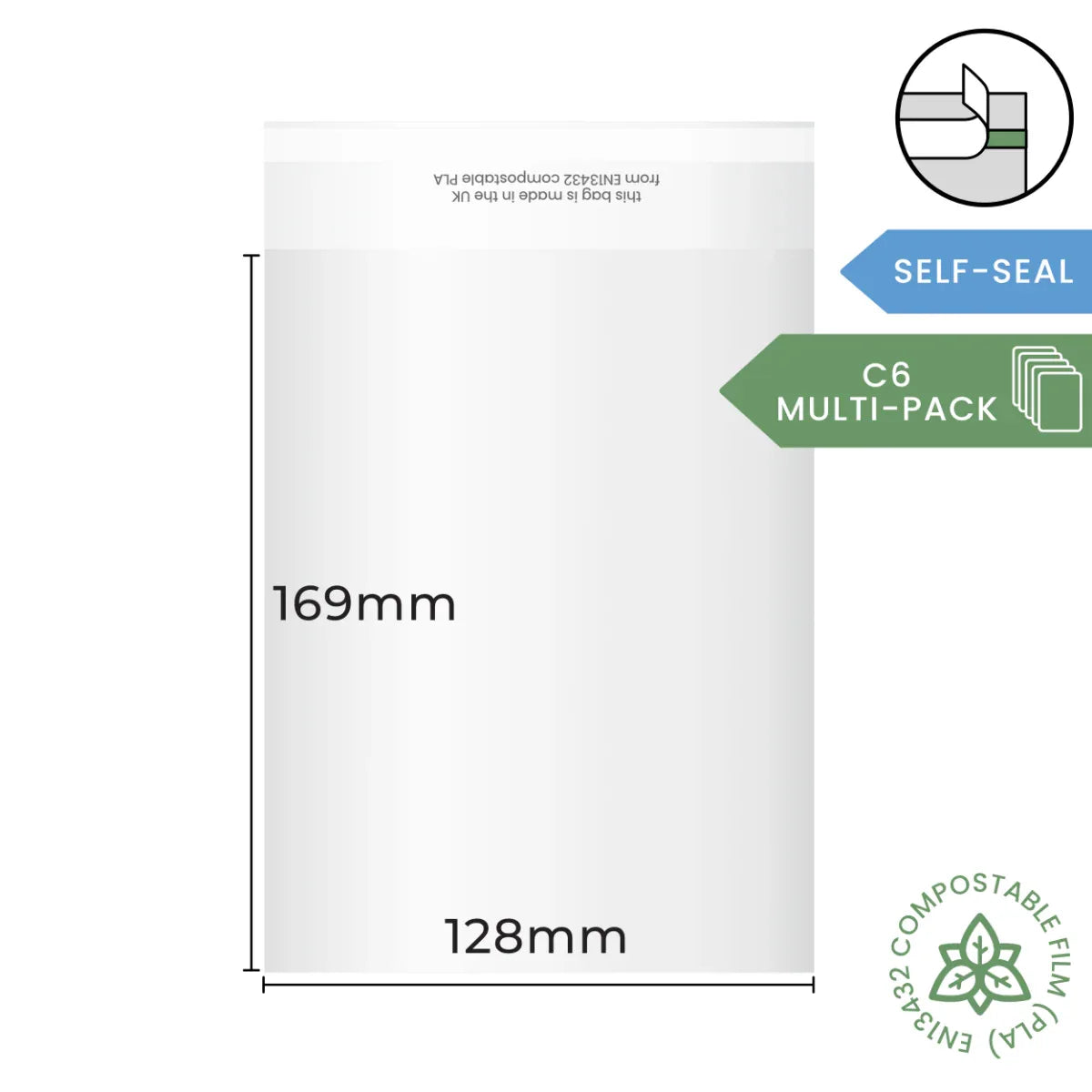 128x169mm Self Seal Compostable C6+ Multipack Bag by eco-craft - made in the UK