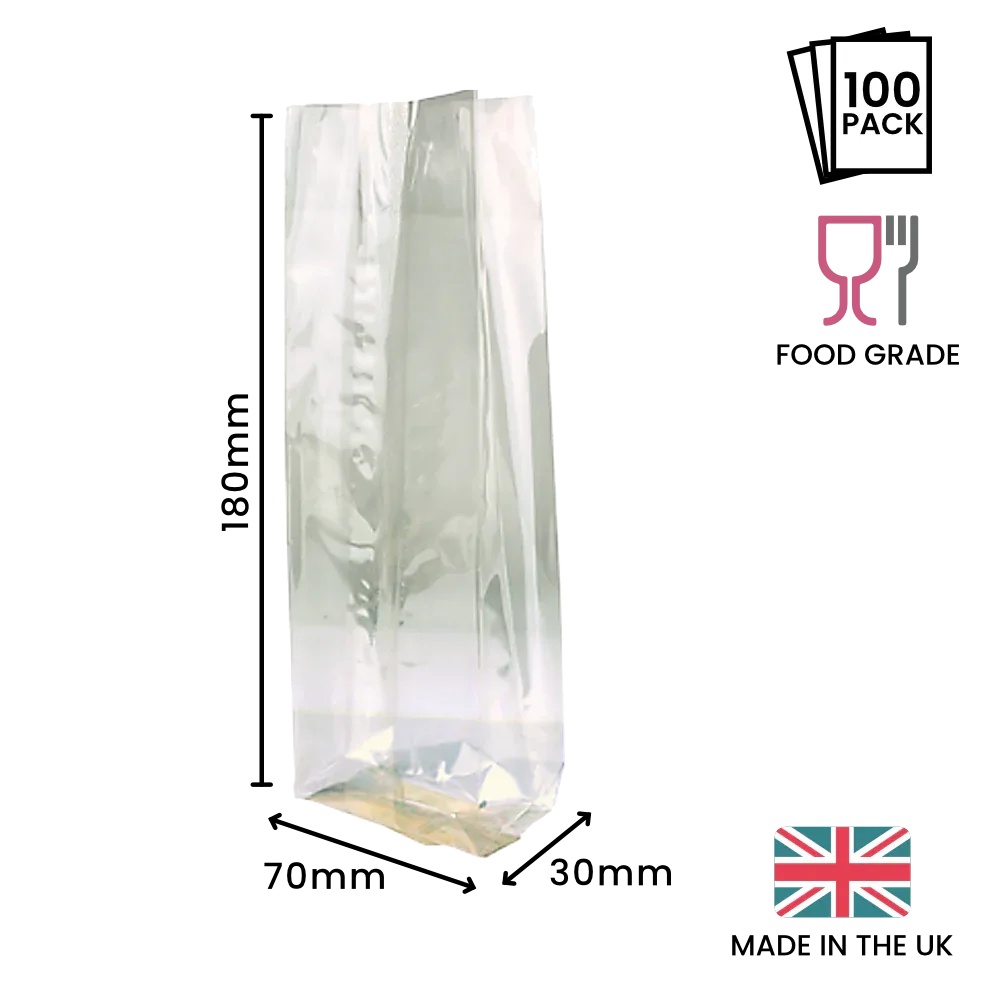 180 x 70 x 30mm Cellulose Clear Gusset Bag by eco-craft - made in the UK