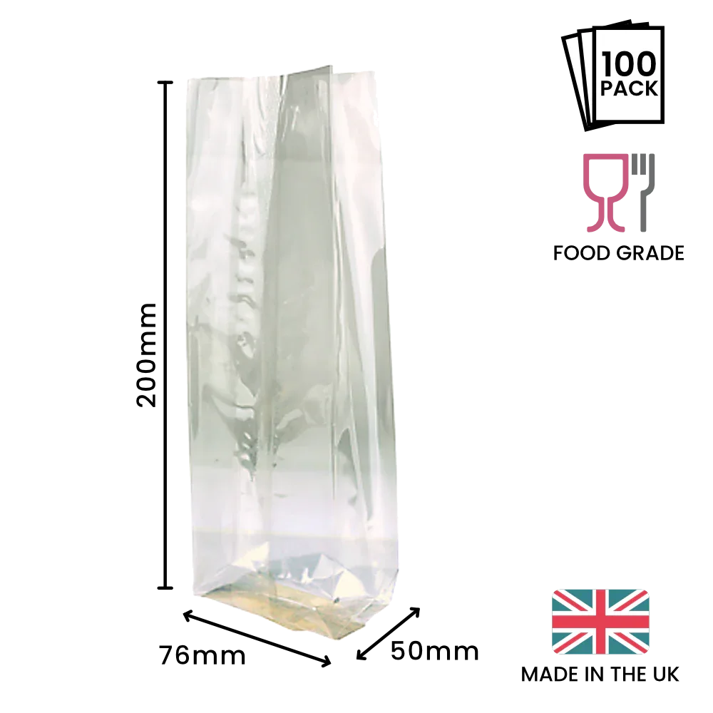 200 x 76 x 50mm Cellulose Clear Gusset Bag by eco-craft - made in the UK