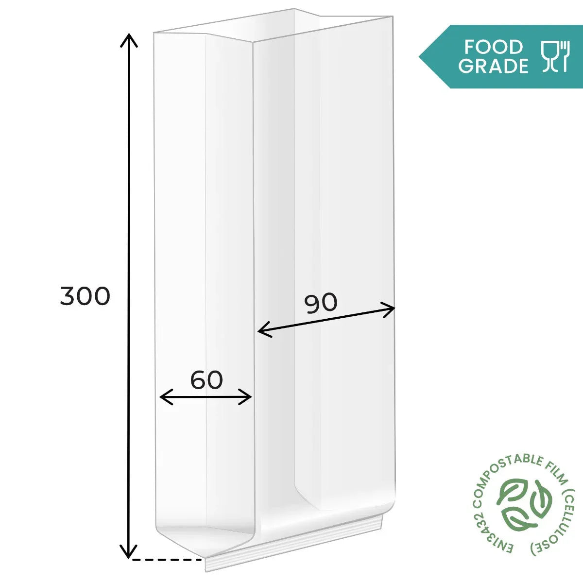 300 x 90 x 60mm Cellulose Clear Gusset Bag by eco-craft - made in the UK
