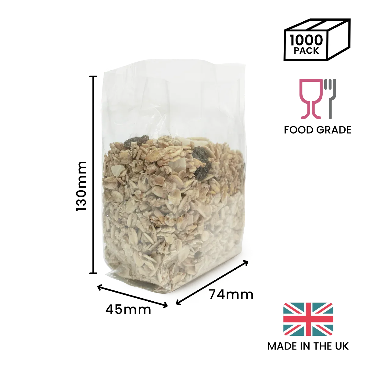 130 x 74 x 45mm Folded-Base Cellulose Clear Gusset Bag by eco-craft - made in the UK