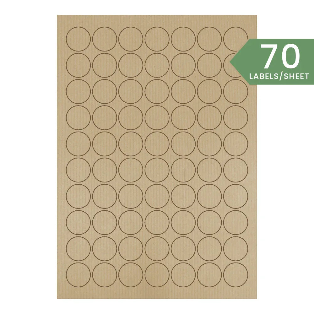 25mm Circle Ribbed Kraft Labels - Brown - 70 Per A4 Sheet by eco-craft - made in the UK