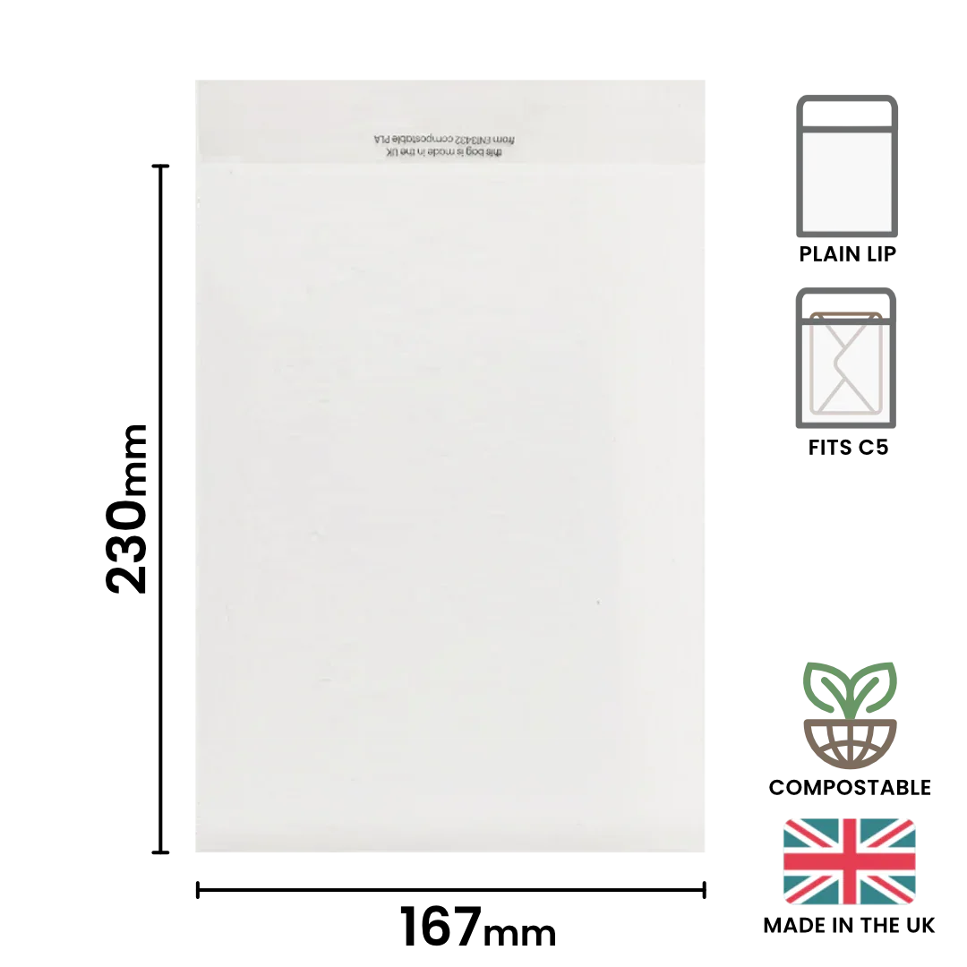 167x230mm (C5) Plain Lip Compostable Bag by eco-craft - made in the UK