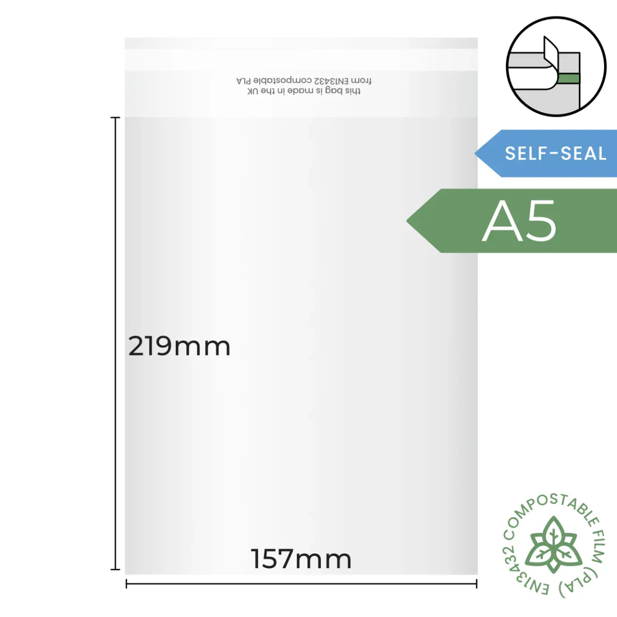 157x219mm (A5) Self Seal Compostable Bag by eco-craft - made in the UK