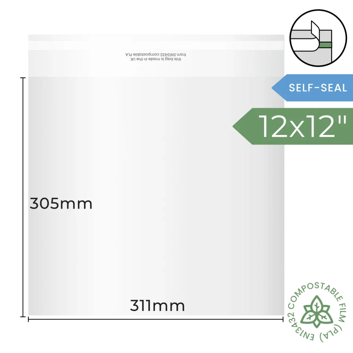 12x12 inch (311x305mm) Self Seal Compostable Bag by eco-craft - made in the UK
