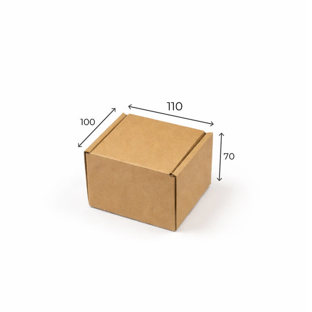 Brown cardboard box with dimensions on a white background