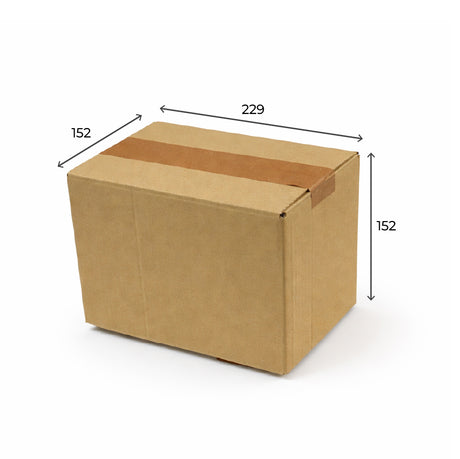 Brown cardboard box with dimensions indicated on a white background