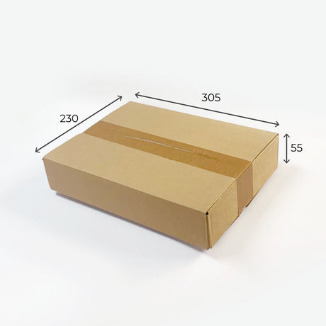 Cardboard box with dimensions labeled on a white background