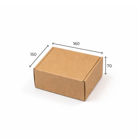 Brown cardboard box with dimensions labeled on a white background