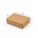 Brown cardboard box with dimensions indicated on a white background