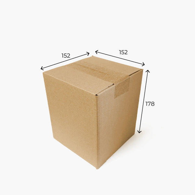 Cardboard box with dimensions indicated on a white background