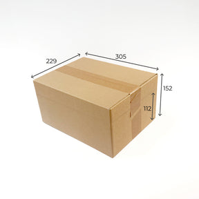 Cardboard box with dimensions labeled on a white background