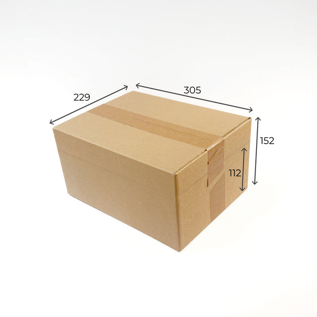Cardboard box with dimensions labeled on a white background