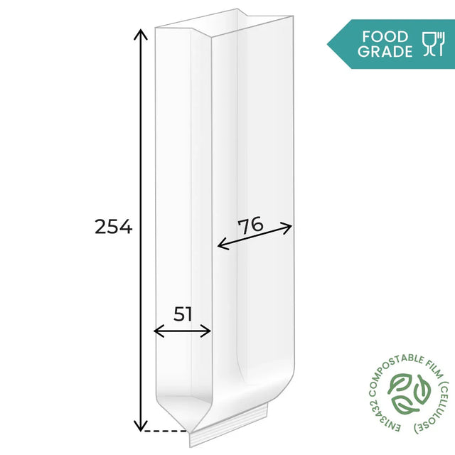 254 x 76 x 51mm Cellulose Clear Gusset Bag by eco-craft - made in the UK