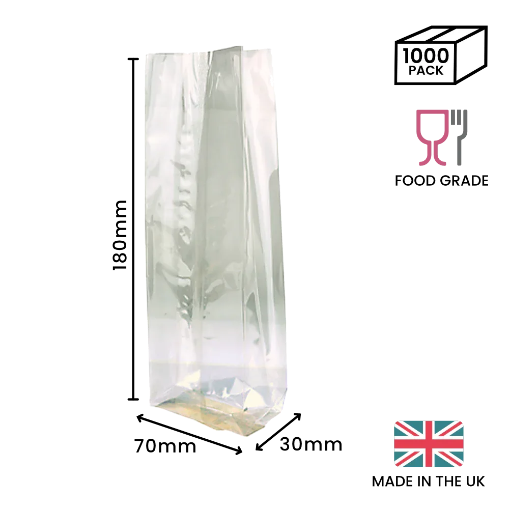 180 x 70 x 30mm Cellulose Clear Gusset Bag by eco-craft - made in the UK