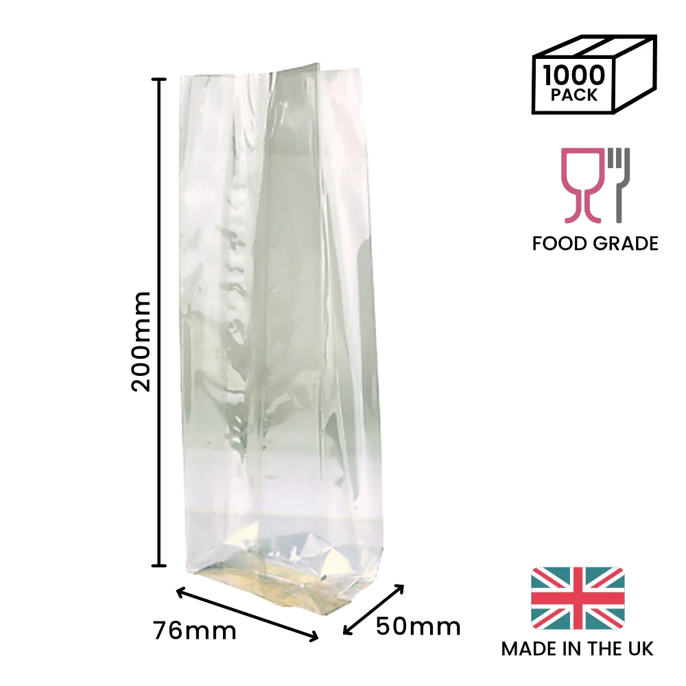 200 x 76 x 50mm Cellulose Clear Gusset Bag by eco-craft - made in the UK