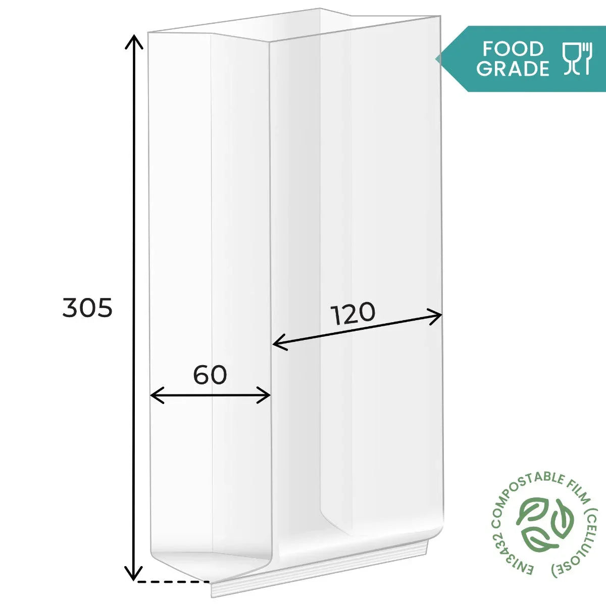 305 x 120 x 60mm Cellulose Clear Gusset Bag by eco-craft - made in the UK