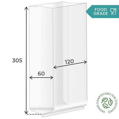 305 x 120 x 60mm Cellulose Clear Gusset Bag by eco-craft - made in the UK