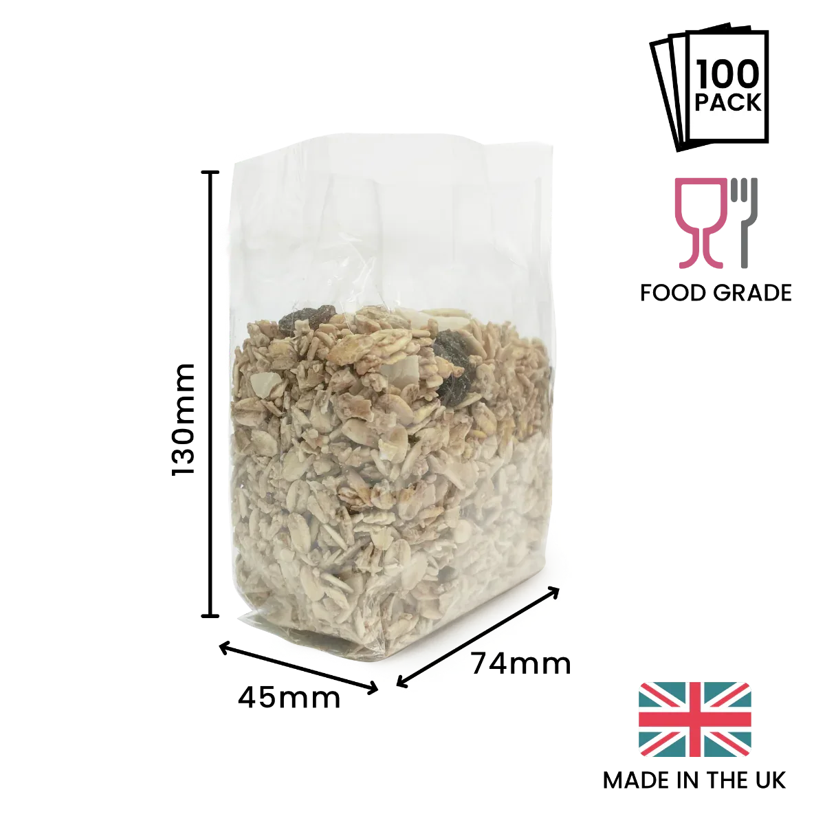 130 x 74 x 45mm Folded-Base Cellulose Clear Gusset Bag by eco-craft - made in the UK