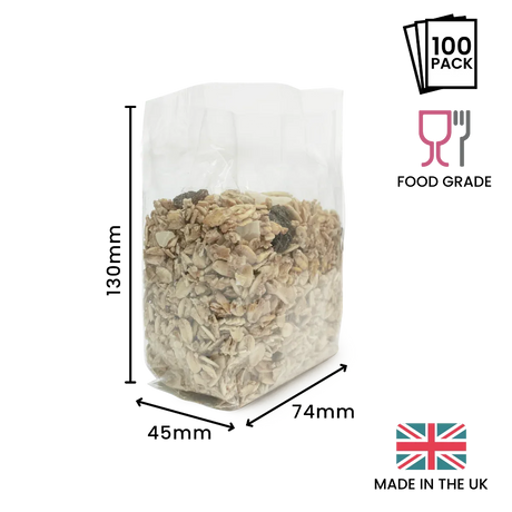 130 x 74 x 45mm Folded-Base Cellulose Clear Gusset Bag by eco-craft - made in the UK