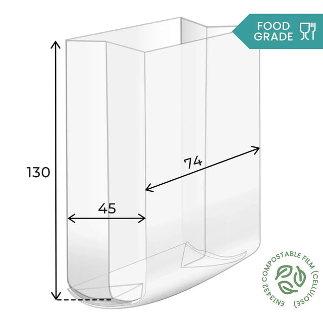 130 x 74 x 45mm Folded-Base Cellulose Clear Gusset Bag by eco-craft - made in the UK