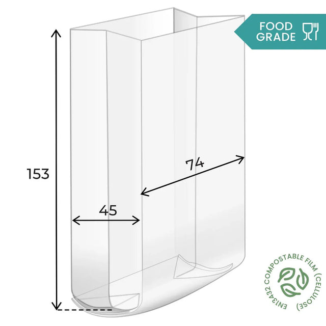153 x 74 x 45mm Folded-Base Cellulose Clear Gusset Bag by eco-craft - made in the UK