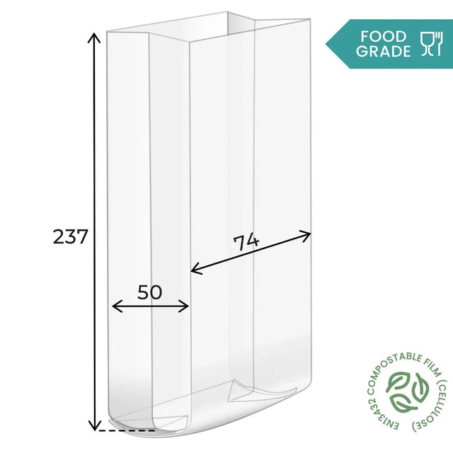 237 x 74 x 50mm Folded-Base Cellulose Clear Gusset Bag by eco-craft - made in the UK