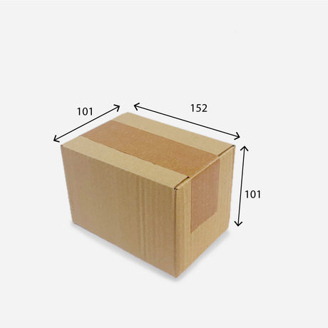 152x101x101mm (6x4x4" inch) Single Wall Postal Box (FEFCO 0201) Cardboard box with dimensions labeled on a white background