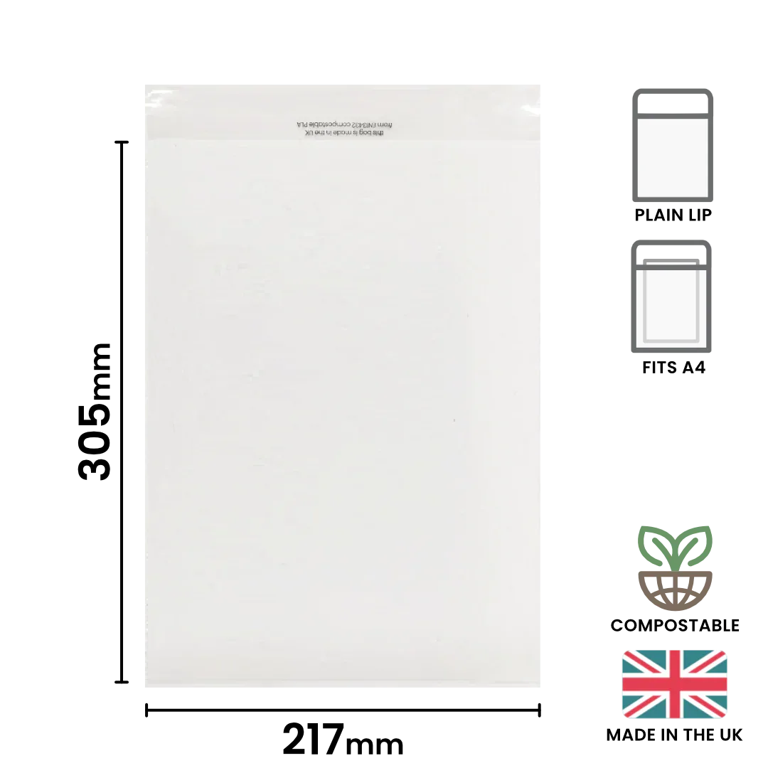 217x305mm (A4) Plain Lip Compostable Bag by eco-craft - made in the UK
