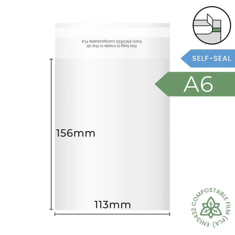 113x156mm (A6) Self Seal Compostable Bag by eco-craft - made in the UK